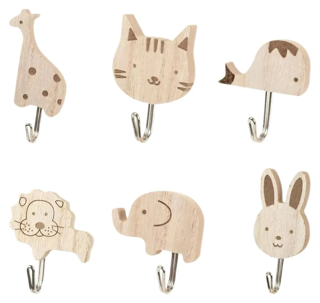 Lot de 6 patères murales en bois animaux pour chambre d'enfant en hêtre