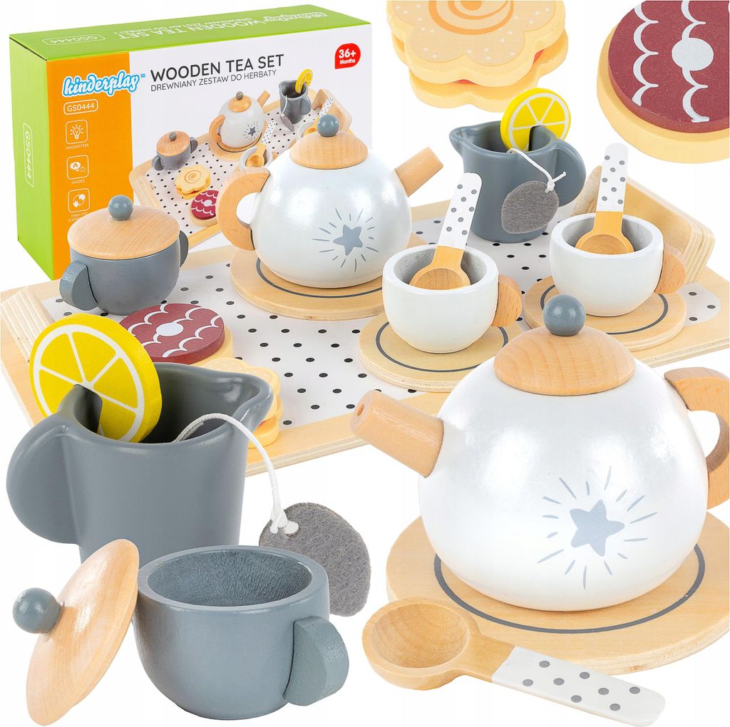 Holz Teeservice für Kinder – 17-teiliges Rollenspiel-Set mit Tablett, Tassen und Zubehör