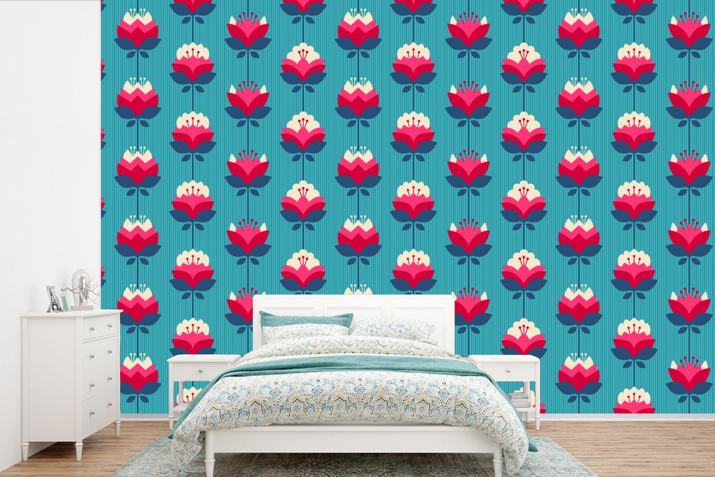 MuchoWow Fototapete für Wohnzimmer oder Schlafzimmer Wandtapete Vinyl Motivtapete Muster - Retro - Lilie - 525x350 cm - Das Hintergrundbild