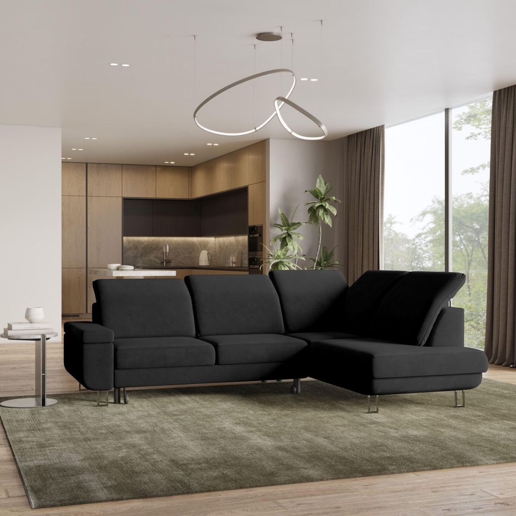 Masseno Ecksofa LERMA R-S mit Schlaffunktion L-Form, Sofa mit Bettkasten, Wohnzimmersofa, Couch, Soffa, Bettsofa, Couchgarnitur- Schwarz, MONOLITH 95