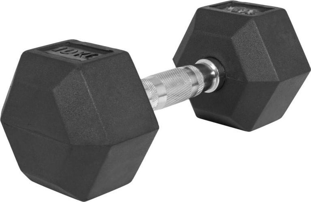 A black hexagonal dumbbell with a silver grip is shown against a white background.