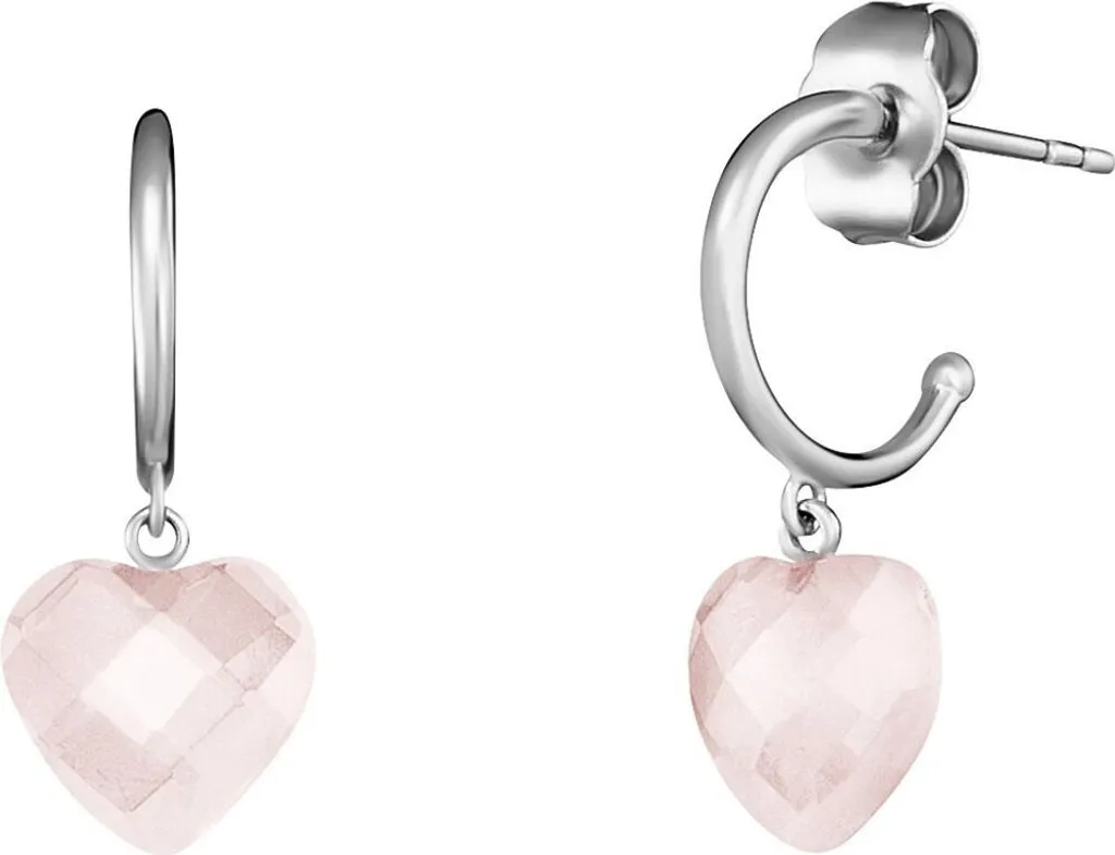 Boucles d'Oreilles Créoles Cœur en Argent 925 et Pendentif Quartz Rose