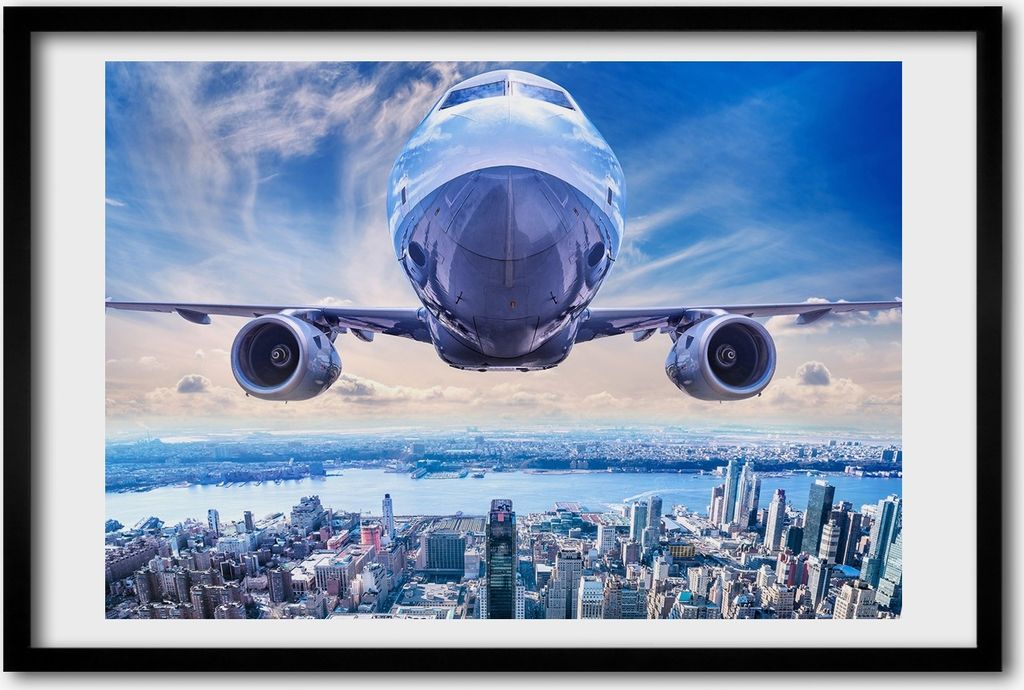 Bild 60x40 MDF-Rahmen, Wandkunst Flugzeug über die Stadt