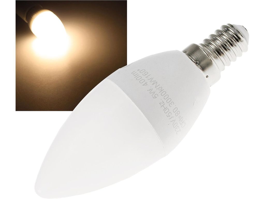 A close-up of an LED candle lamp with its base and screw fitting visible. An inset image shows the lamp illuminated.