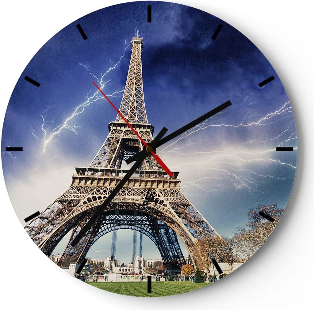 Wanduhr - Rund - Glasuhr - Eiffle Paris Turm - 30x30cm - Schleichendes Uhrwerk - Lautlos - zum Aufhängen bereit - Dekoration Modern - Wanddekorati...