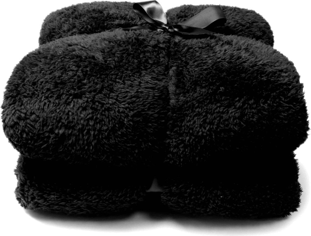 A black plush blanket folded and tied with a black ribbon.