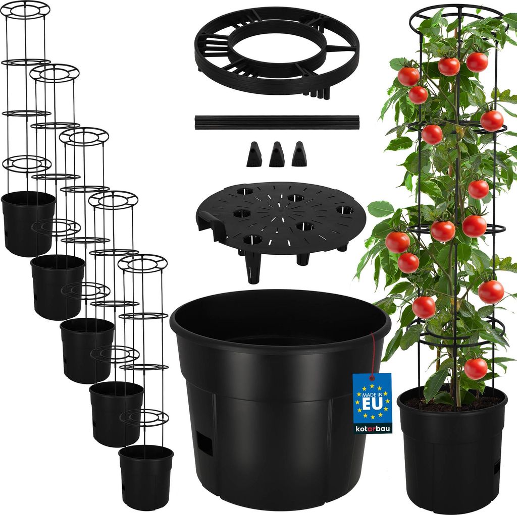 KOTARBAU 5er Set Tomatenpflanze Pflanzkübel 39 cm mit Rankhilfe 153 cm Tomatentopf für Balkon Pflanzenstütze Schwarz
