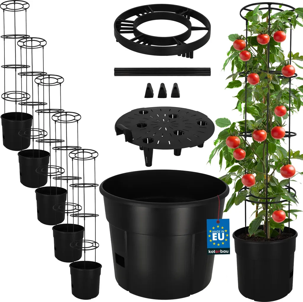 KOTARBAU Set de 5 Pots de Tomates 39cm avec Treillis 153cm Noir