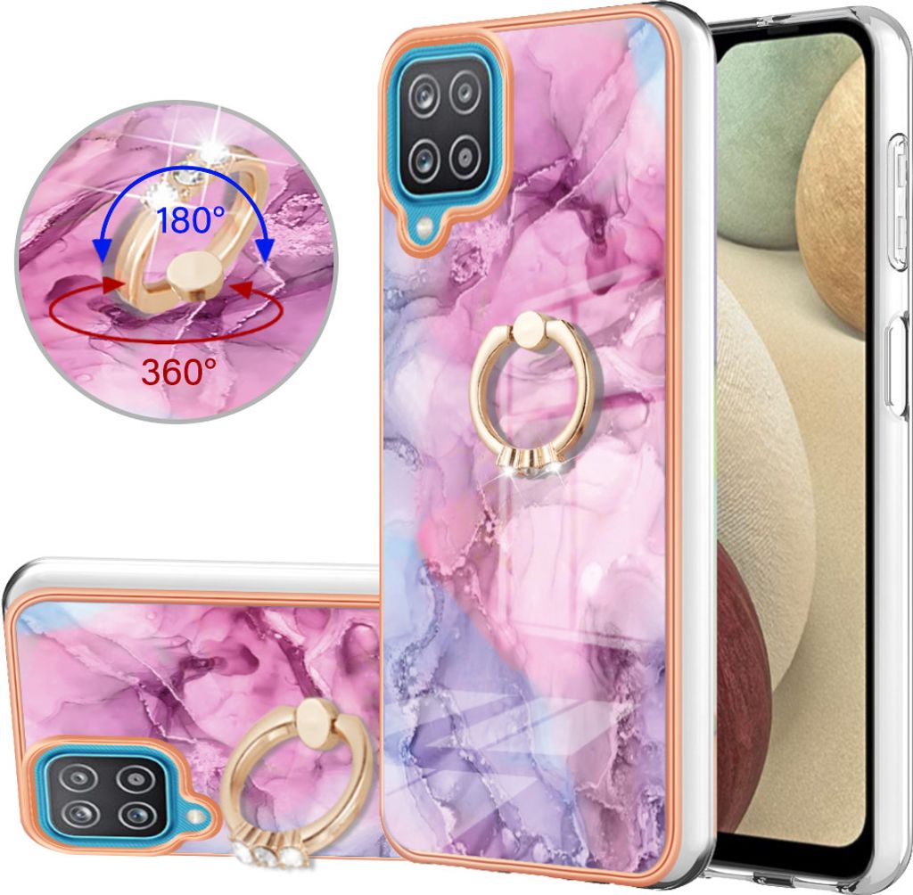 Galaxy A12 Hülle, Muster TPU Silikon Stoßdämpfer Bumper Schutzhülle mit Ring Ständer für Samsung Galaxy A12 Pink