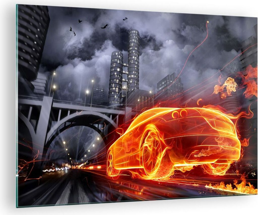 Bilder auf glas - Auto Flammen Räder - 70x50cm - Glasbilder - Wandbilder - Kunstdruck - zum Aufhängen bereit - Wanddekoration aus Glas - Glas Bil...