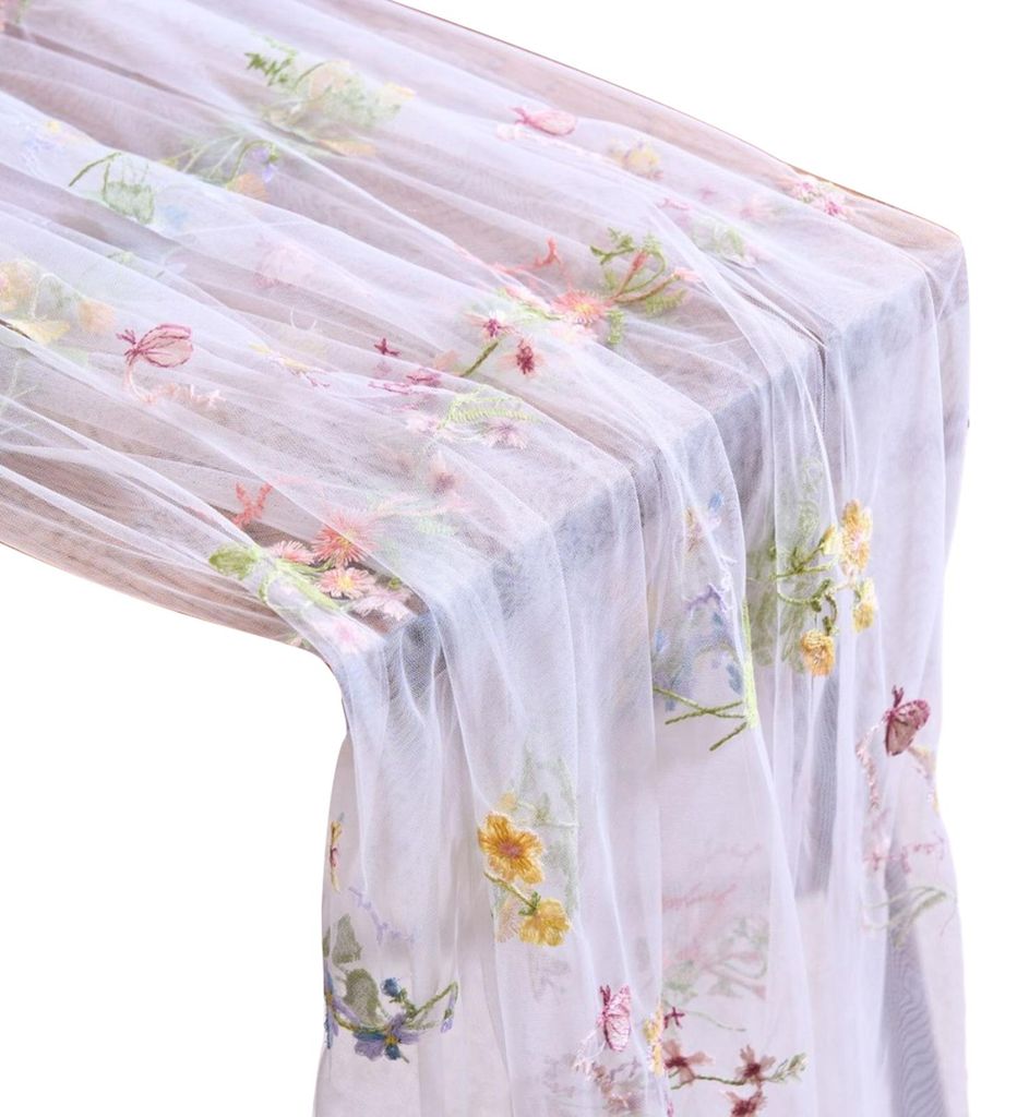 Tischläufer mit Stickerei, Blumenmuster, transparenter Tüll-Tischläufer, Schmetterlingsblumen-Tischläufer für Esstisch, Hochzeit, Babyparty, F...