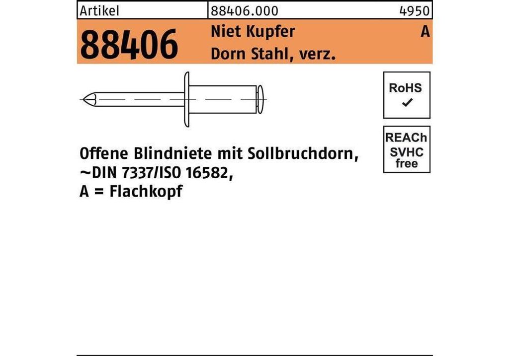 Reyher Offene Blindniete Cu/verz. FLAKO A4x10 (500 Stück)