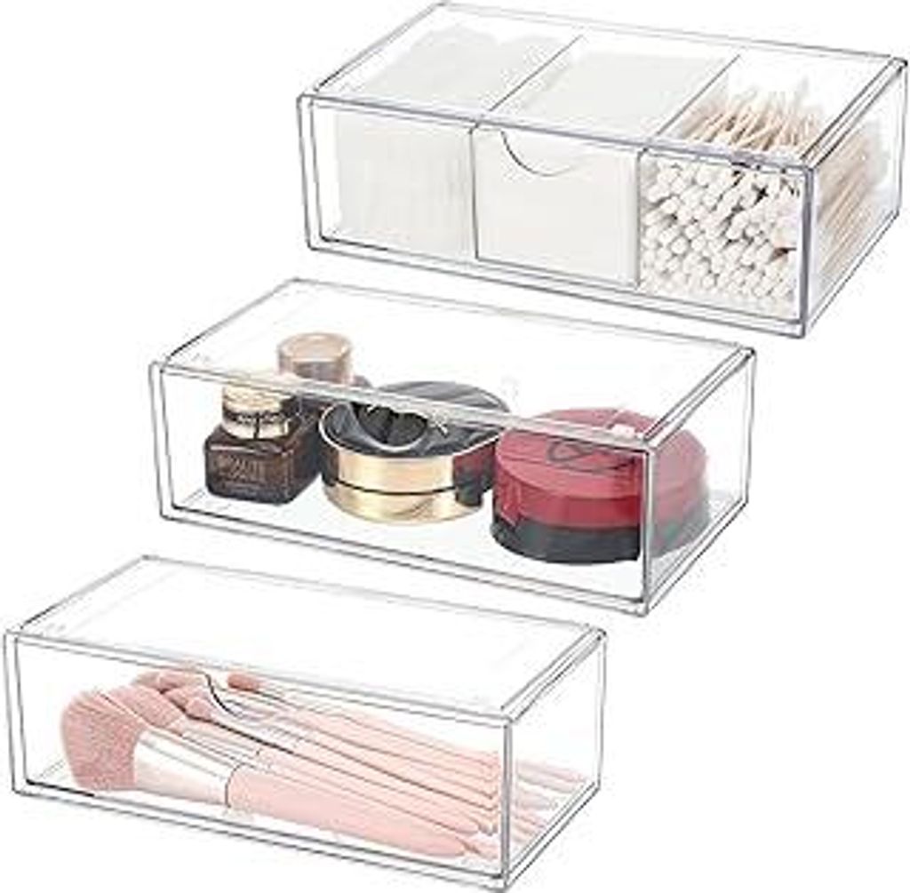 Pavlleen 3 Stück Kosmetik-Organizer-Schubladen,Badezimmer Organizer Mini mit Schubladen.Stapelbare Transparenter Acryl-Make-up-Organizer,für Wasc...