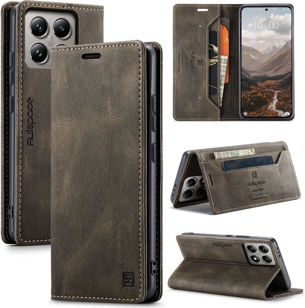 Custodia Xiaomi 14T Retro in Finto Cuoio Kupfer con Supporto Video