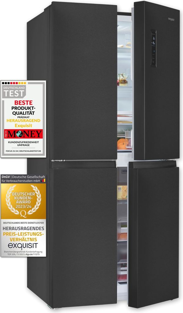 A black refrigerator with its doors open, displaying internal shelves and food items. Two award badges are placed on the front of the refrigerator.