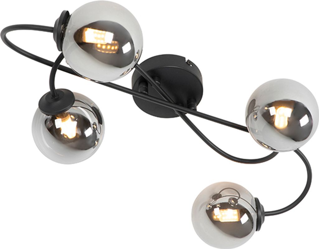 QAZQA - Landhaus I Vintage Moderne Deckenleuchte I Deckenlampe I Lampe I Leuchte schwarz 4-flammig-Licht mit Rauchglas - Athen I Wohnzimmer I Schla...