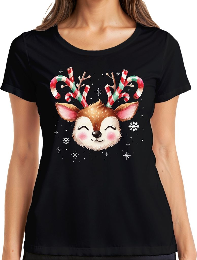 Rentier Zuckerstange Süß Schnee - Weihnachten Weihnachtsgeschenk Christmas Damen T-Shirt, Schwarz, 3XL