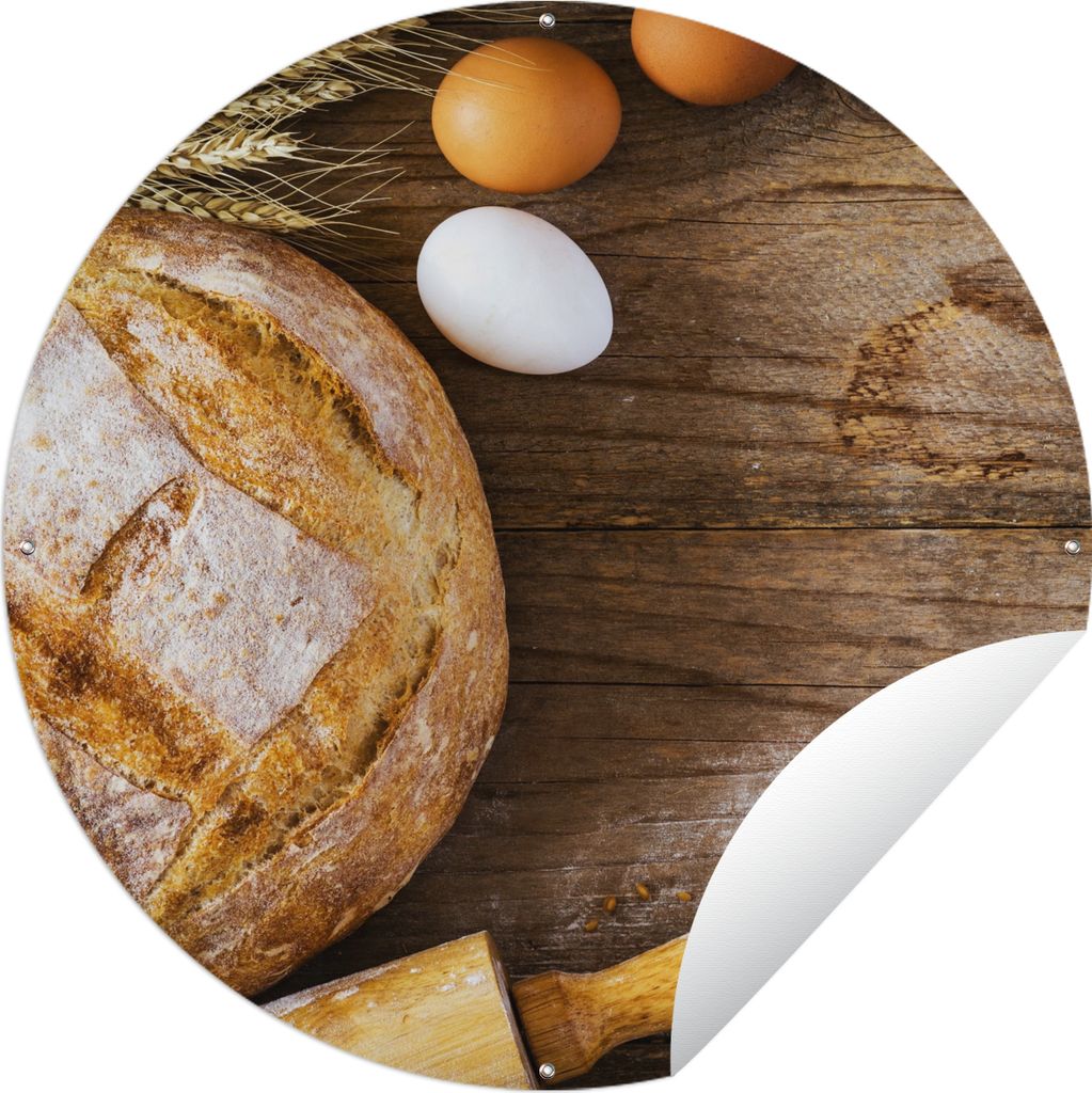 MuchoWow Gartenposter Outdoor-Poster Rund Brot - Eier - Küche Ø 60 cm Gartendeko Rundes Poster draußen