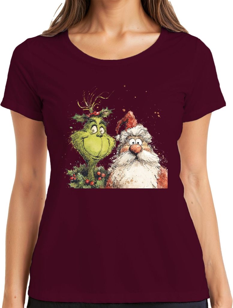 Grinch Weihnachtsmann lustig Weihnachten Geschenk Cartoon Retro Damen T-Shirt, Burgundy, XL