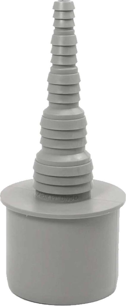 A gray hose adapter with a stepped conical end and a cylindrical base.
