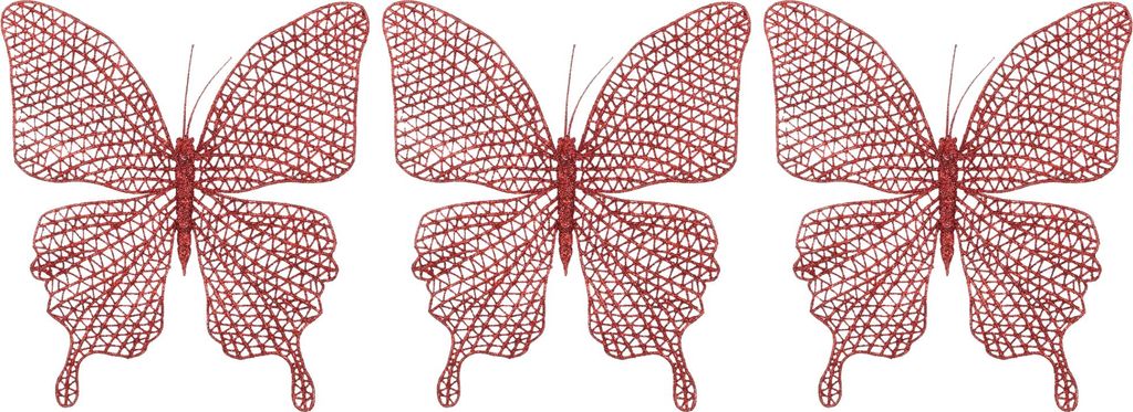 3er-Set Ornamente: roter Schmetterling auf Clip 20 x 19,5 cm