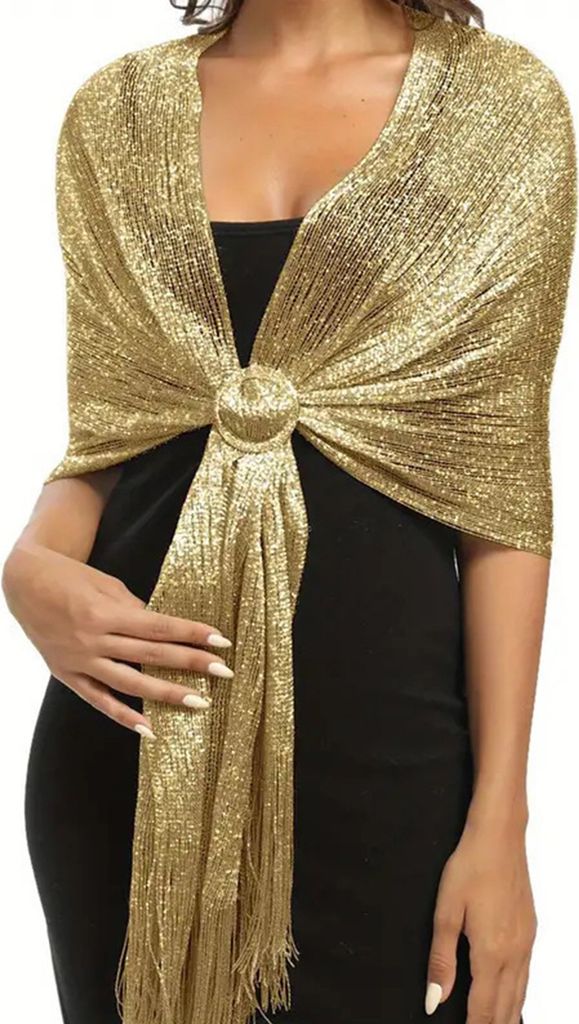 Damen-Kleiderschal mit Quastenfransen, metallischer Fadendekoration, Abendkleider, Damen-Wraps mit Schnalle, Hochzeits-Partykleidung
