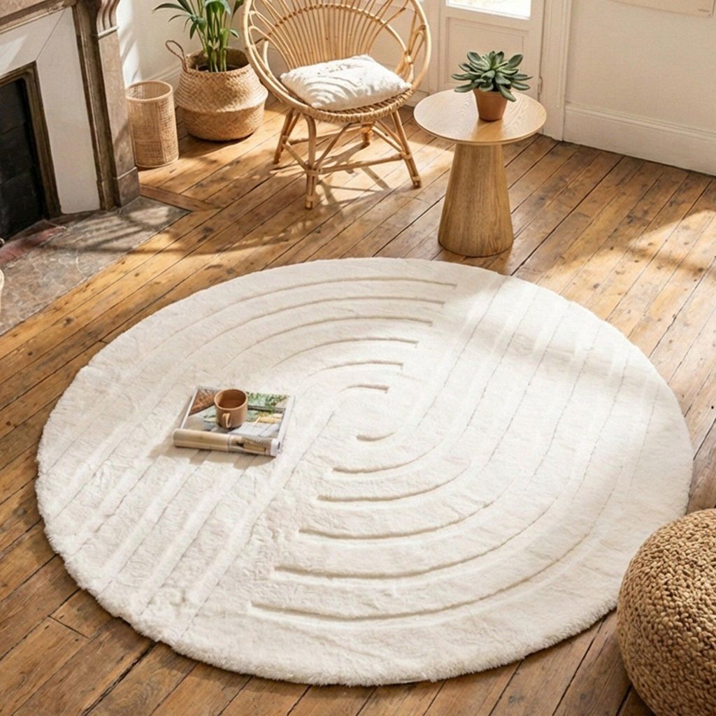 Volero - Hochflor Teppich Rund - Carvy Curves Creme - Ø 100 cm - Wohnzimmer, Esszimmer, Kinderzimmer, Schlafzimmer, Babyzimmer - Boho, Klassik, In...