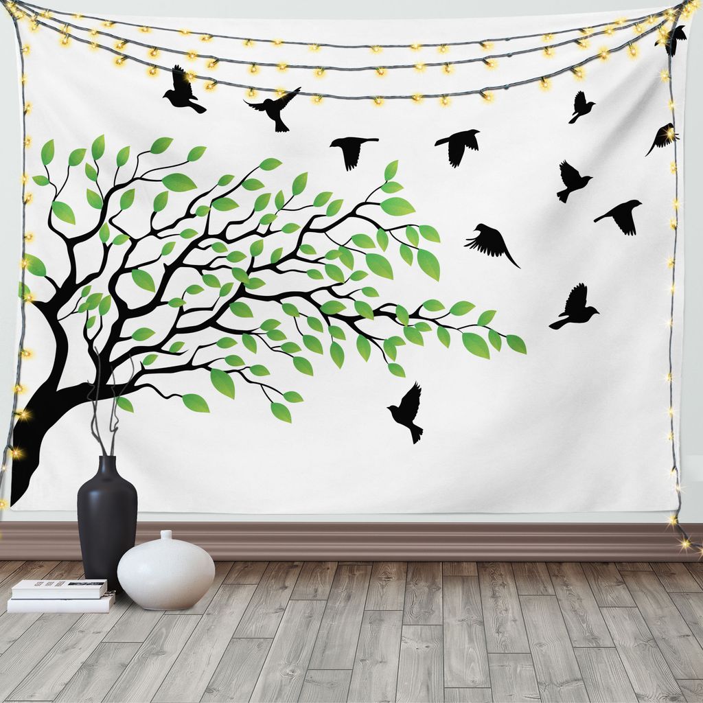 ABAKUHAUS Baum Wandteppich, Fliegen-Vogel-Frühlings-Frieden, Wohnzimmer Schlafzimmer Heim Seidiges Satin Wandteppich, 200 x 150 cm, Weiß Schwarz ...