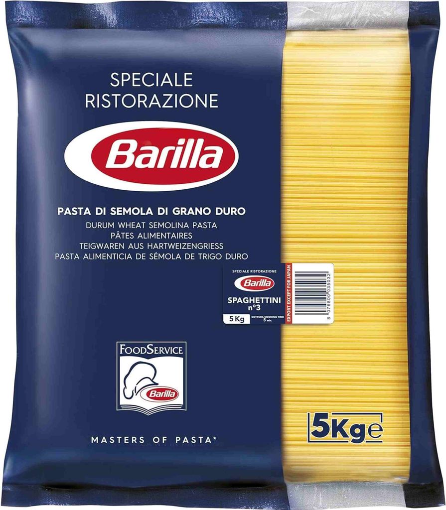 A bag of Barilla Spaghettini pasta.