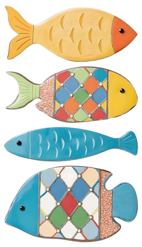 4-teiliges Wanddekor-Set aus Holzfischen, nautische Küstenmotive, rustikale Wandskulpturen im Strand-Stil für Badezimmer und Seehaus