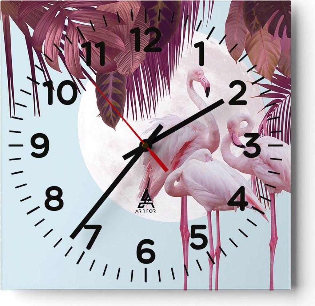 Wanduhr - Quadrat - Glasuhr - Flamingos Palmen Mond - 30x30cm - Schleichendes Uhrwerk - Lautlos - zum Aufhängen bereit - Dekoration Modern - Wandd...