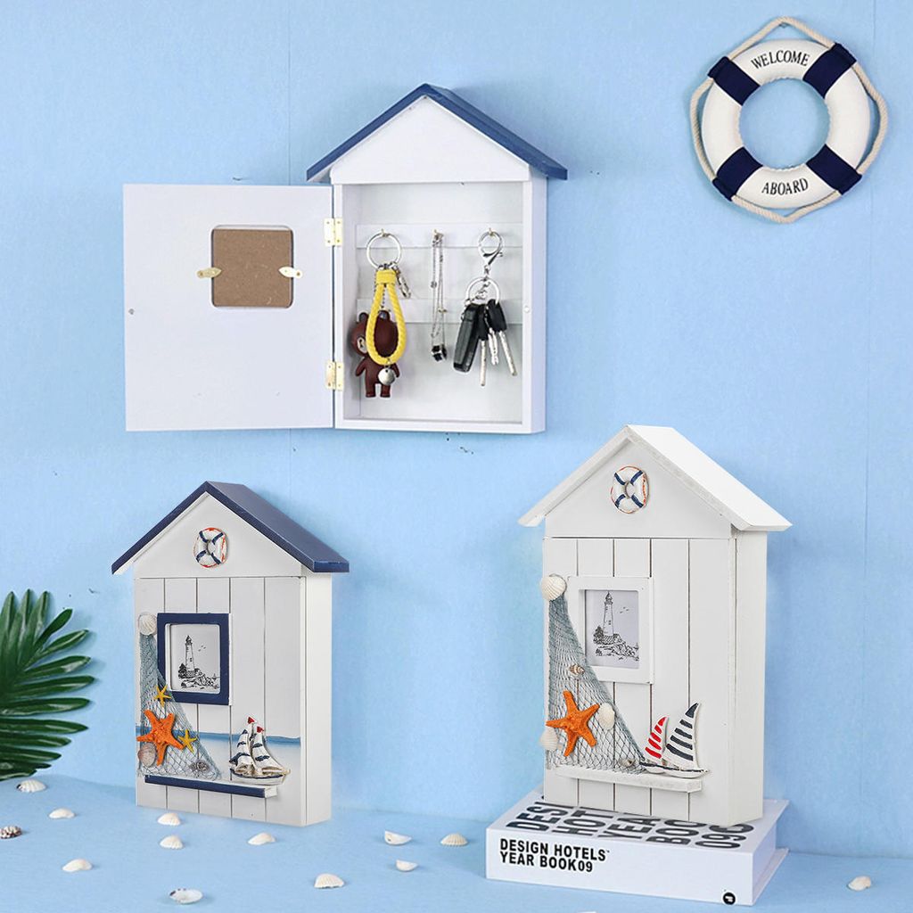 Mediterranean House Shaped Holz Schlüsselkabinenhalter Organizer Wandhalter Werkzeugkasten - 1