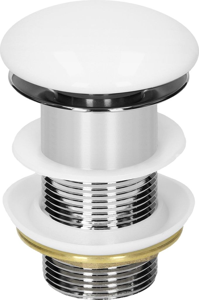 A close-up studio shot of a sink drain assembly.