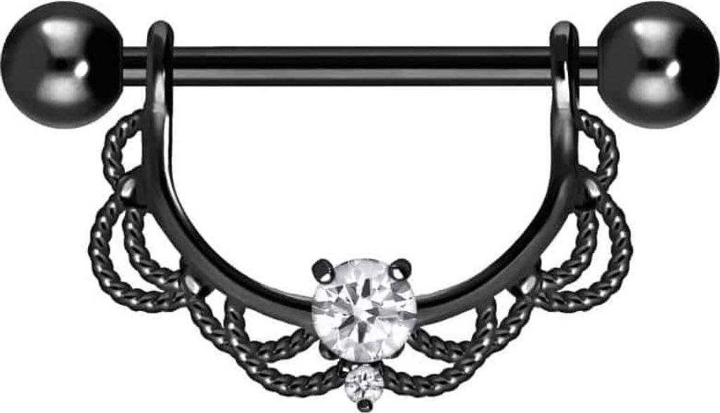 Brustwarzenpiercing, Zungenpiercing, Intim-Piercing Chirurgenstahl Nippelpiercing ORIENTALISCHES DESIGN + KRISTALL Schwarz Stablänge: mm