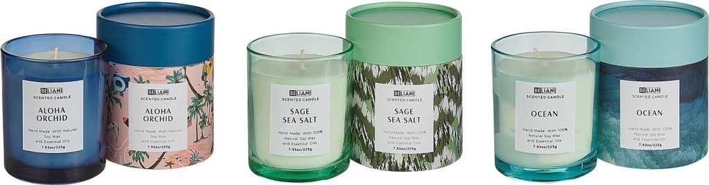 BELIANI Duftkerze 3er Set Mehrfarbig Sojawachs mit Baumwolldocht im Glas in der Dose Duftnoten: Aloha Orchidee Salbei Meersalz Ozeanfrische Geschen...