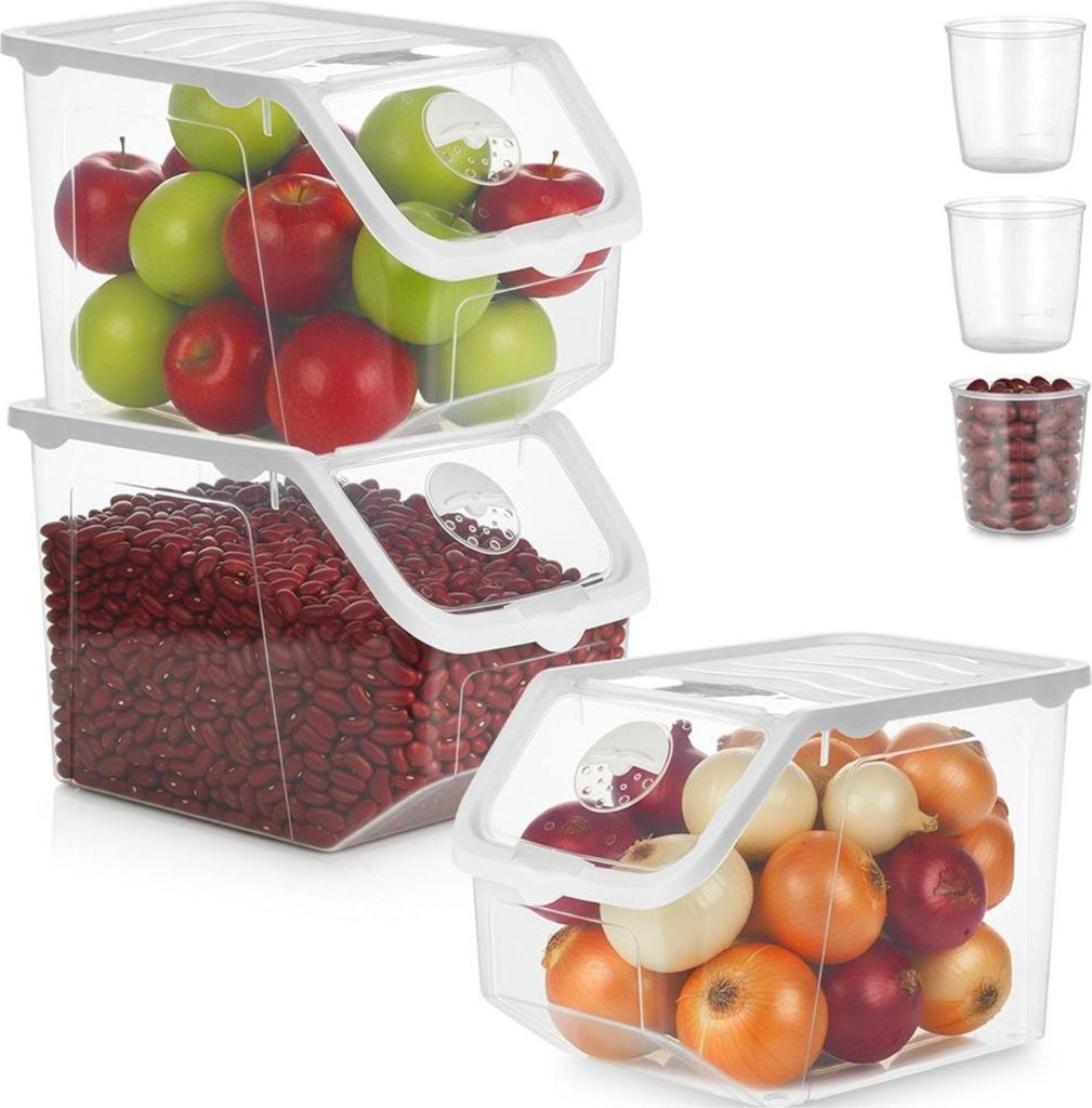Vilde | Lebensmittelbehälter - 3 Stück - Behälter zur Aufbewahrung von Obst und Gemüse - mit Deckel - Transparent und Weiß - 12 l