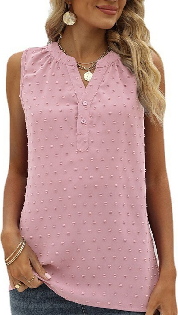 ASKSA Damen Swiss Dot Bluse Ärmellos Sommer Elegant T-Shirt V-Ausschnitt Tunika Einfarbig Chiffon Hemd, Rosa, XL