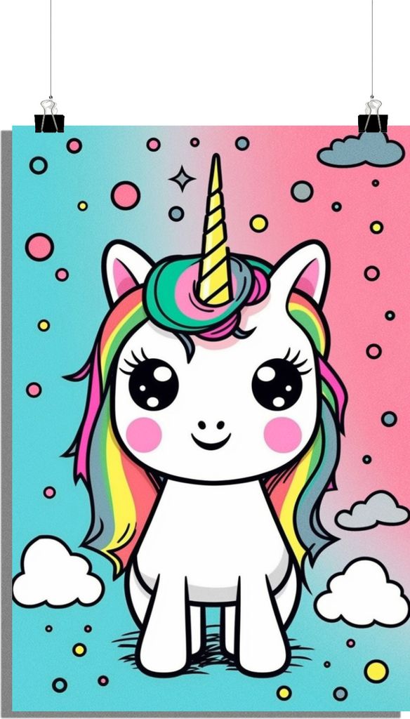 Einhorn Poster - Süßes Einhorn Poster - Zeichnung Poster - Kunst für Kinder Poster - 61x91cm - Perfekt zum Einrahmen