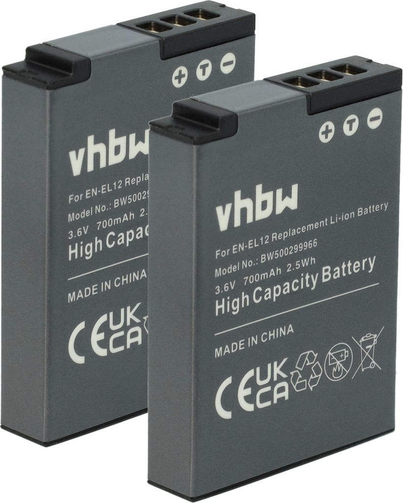 vhbw 2x Akku kompatibel mit Nikon Coolpix S8100, S8000, S70, S620, S6150, S640, S6100, S630, S6300, S800c, S6200, S710 Kamera (700 mAh, 3,6 V, Li-Ion)