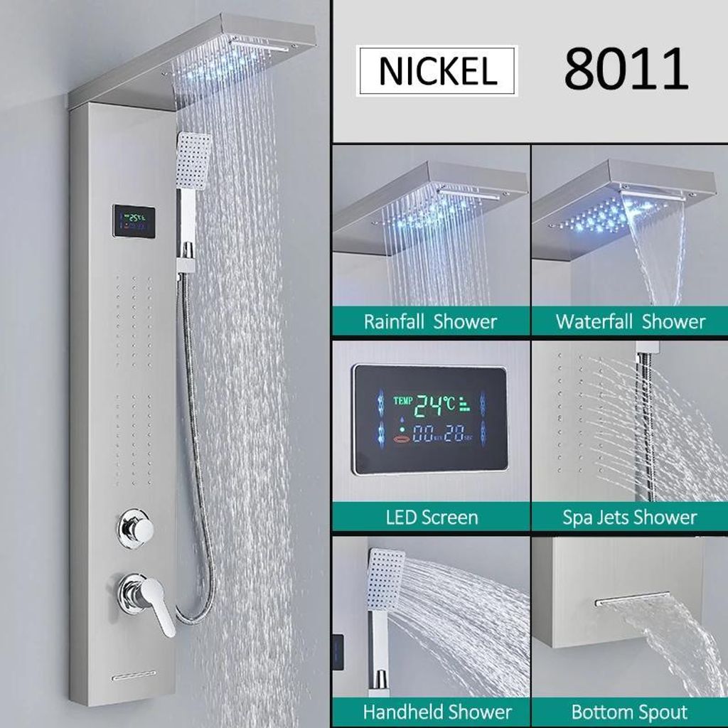 LED Duschpaneel - Nickel 8011 - Regendusche & Wasserfall - Massagedüsen - Hydroelektrisches LCD-Display - 3 Griffe - Edelstahl, Wandmontage - Nickel