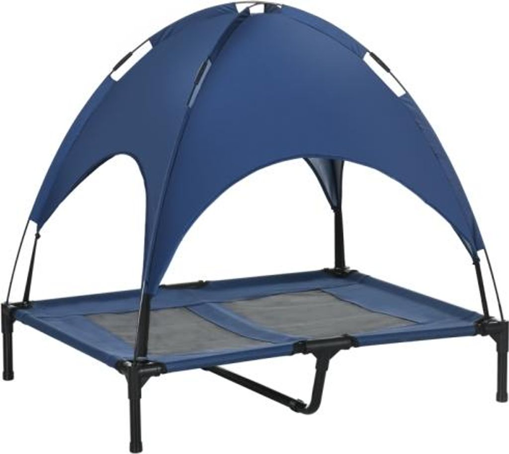 Hundebett 92x76x90 cm Blau Schwarz Stahl Mit Baldachin Outdoor Klappbar Erhoehter Stand