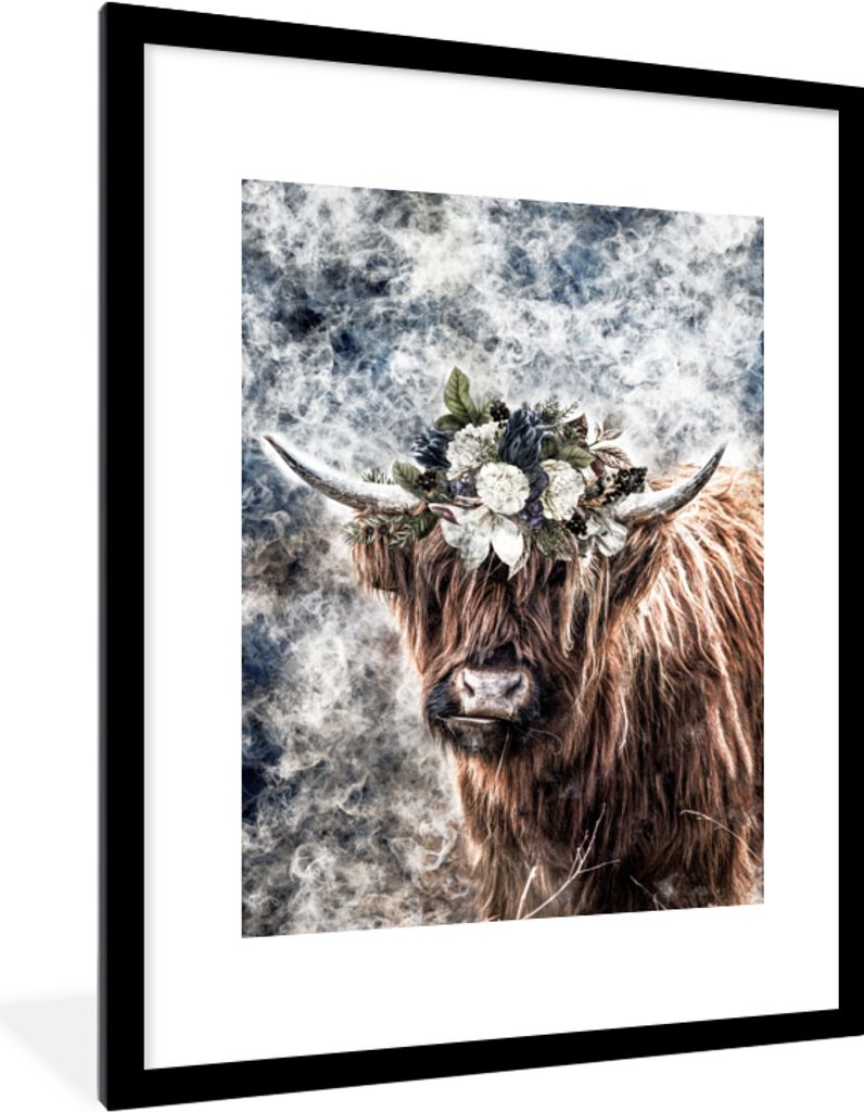 MuchoWow Gerahmtes Poster Schottischer Highlander - Rauch - Blumen 60x80 cm - Poster mit Schwarzem Bilderrahmen Wandposter Rahmen Foto Bilder - W...