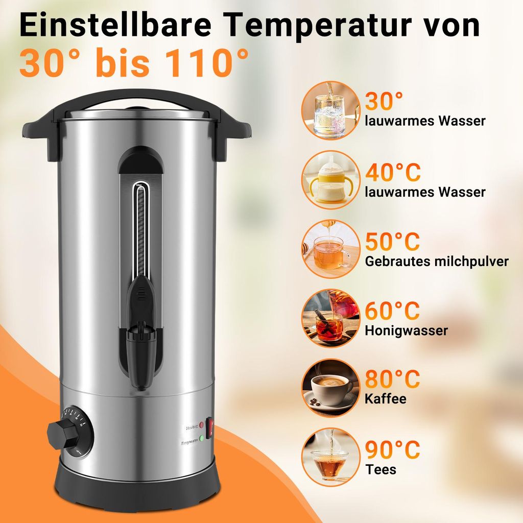 Ikodm Glühweinkocher 10 L, 1500 W, Silber, 30–110 °C