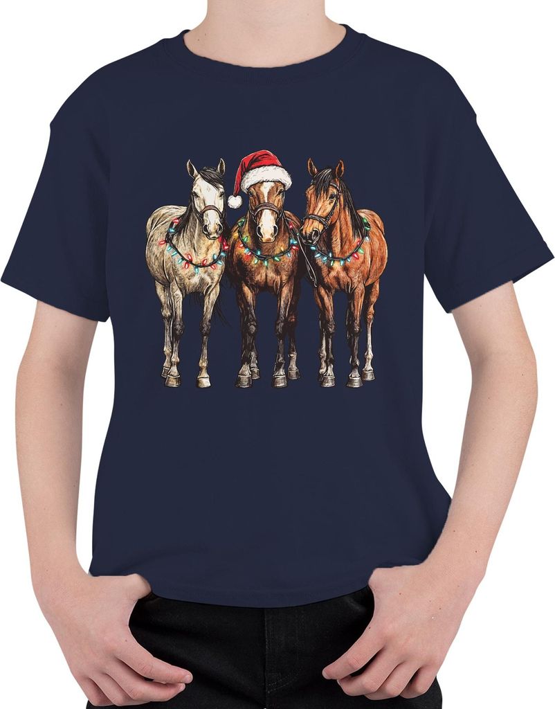 Weihnachtspferde Lichterkette Santa Hut Pferdeliebhaber Western Uni Kinder T-Shirt, Navy, 128