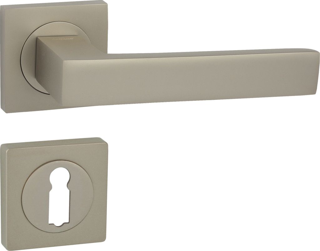 A door handle set with a square rosette and a keyhole plate, shown against a white background.