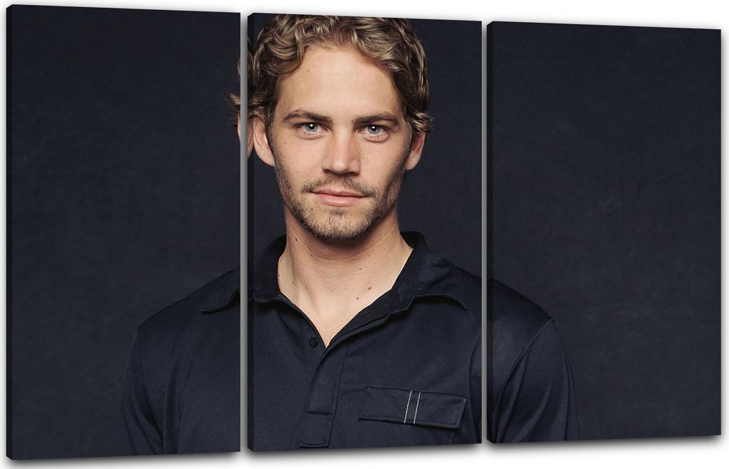 Leinwandbild 3-teilig (120x80cm): Junger Paul Walker blaues Satin-Hemd und Hintergrund, echter Holz-Keilrahmen inkl. Aufhänger, handgefertigt in D...
