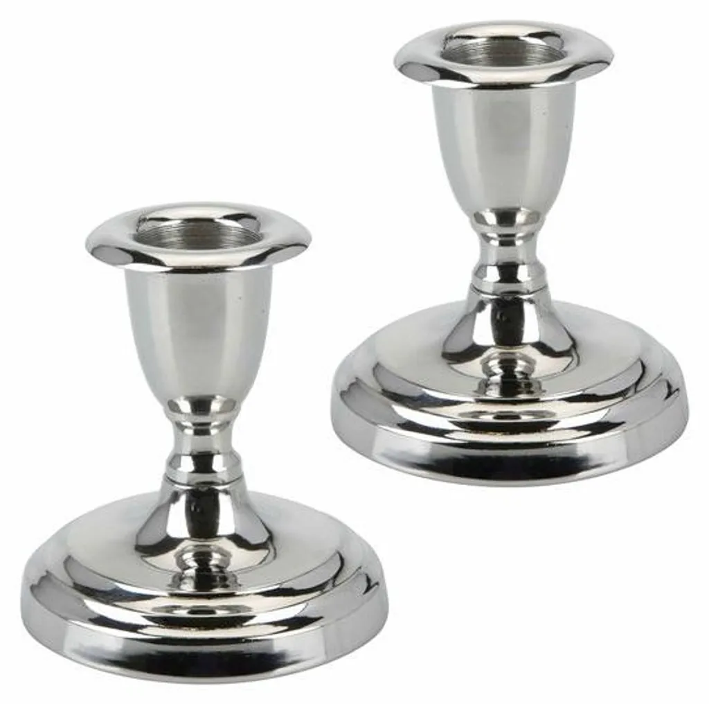 Bougeoir argenté 8 cm en métal brillant, lot de 2 supports de bougies