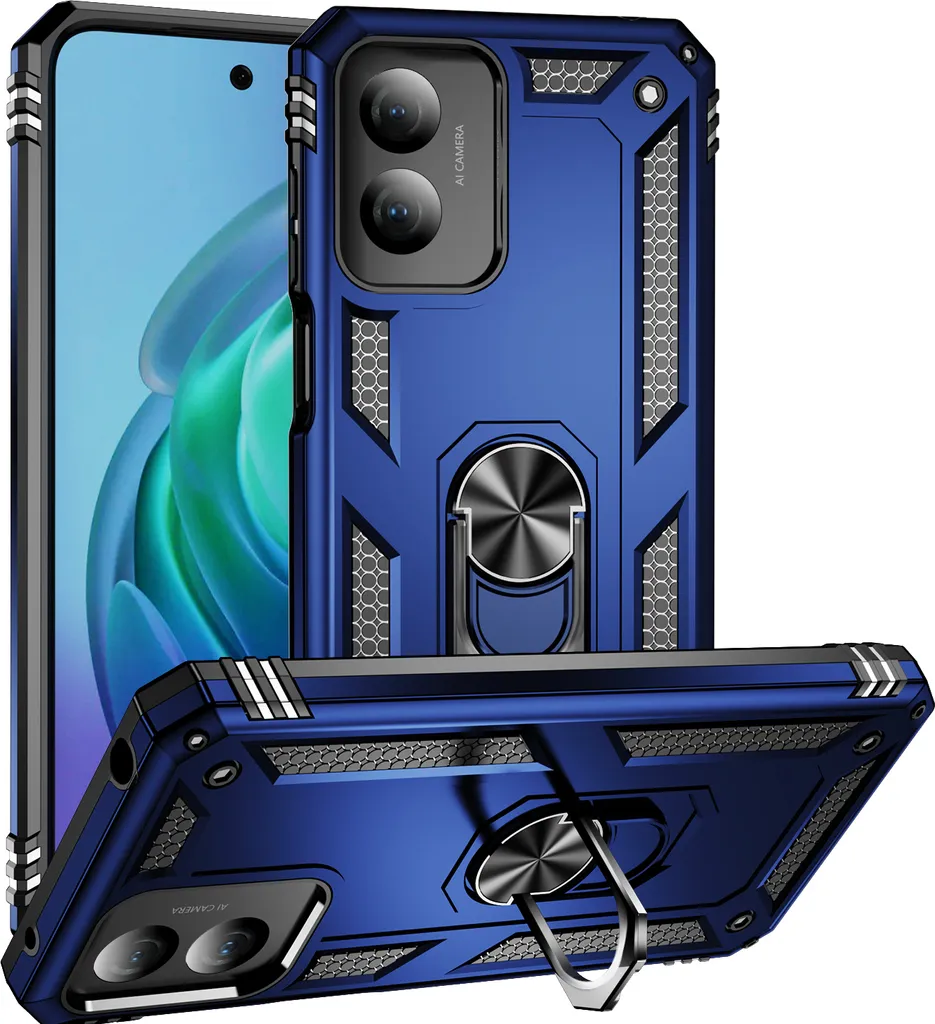 Custodia per Motorola Moto G Play 2024 4G a doppio strato robusta, protezione militare con supporto ad anello e supporto Blu