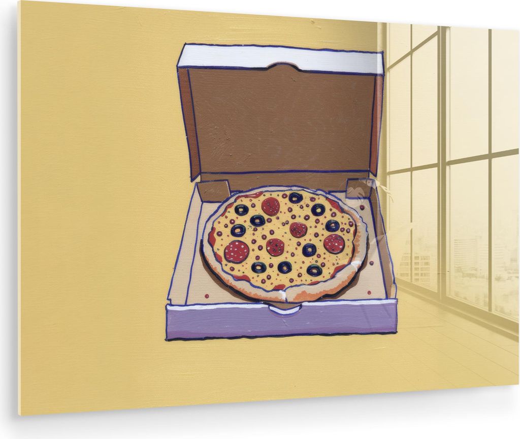 MuchoWow Glasbilder - Bilder auf Wandbild - Foto auf Glas Pizza - Schachtel - Salami - Illustration 30x20 cm Wanddekoration aus Glas - Acrylglasbil...