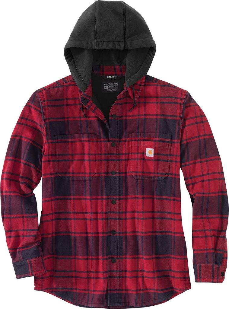 Carhartt 105621 Rugged Flex Relaxed Fit Flannel Fleece Lined Hooded Shirt Jac Oxblood 2XL